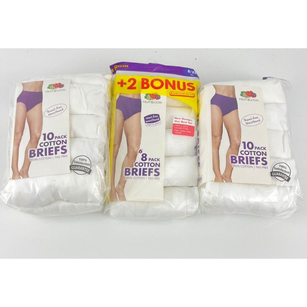 Fruit of the Loom Women's Briefs 8 XL White Cotton Ravel Free Waistband 28 pair